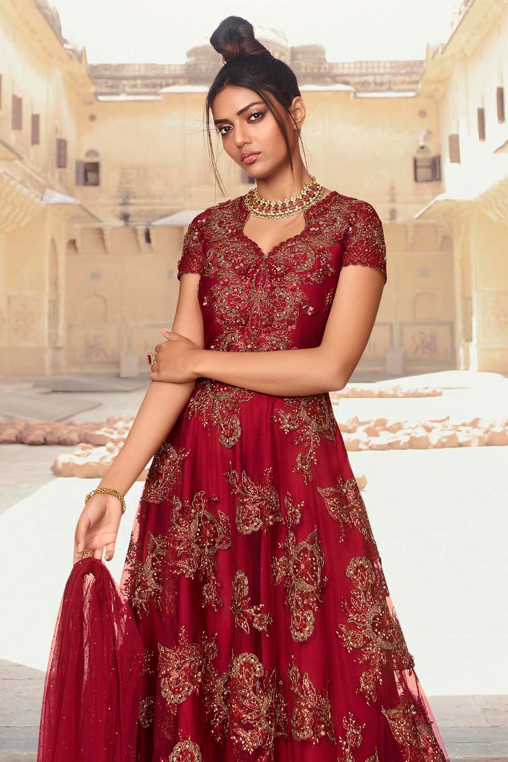 Ruby Red Designer Anarkali Dress ...
